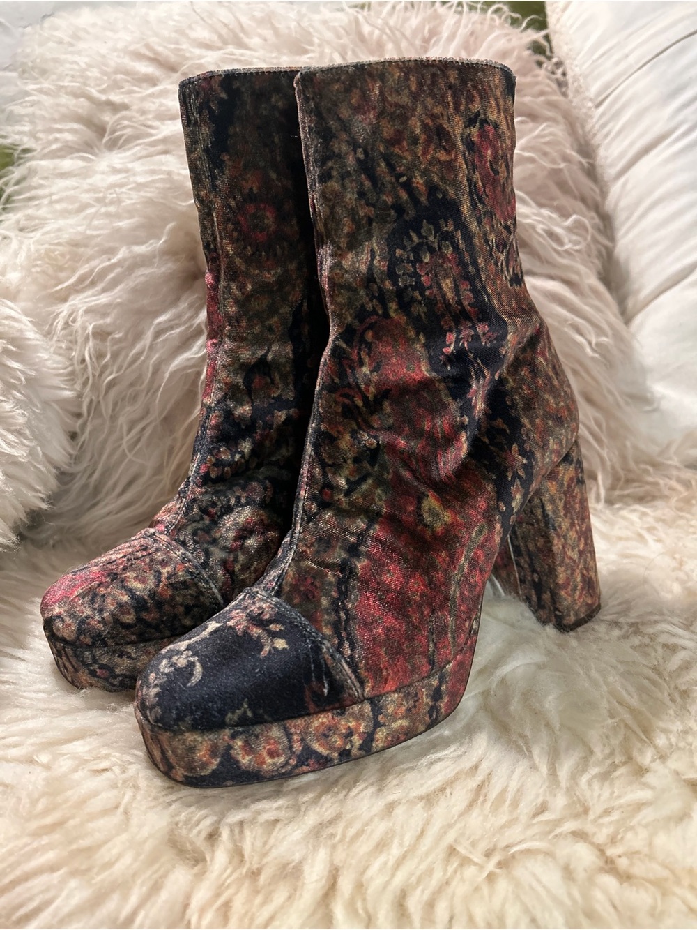 Free People Multicolor Velvet Tapestry Platform Ankle Boots